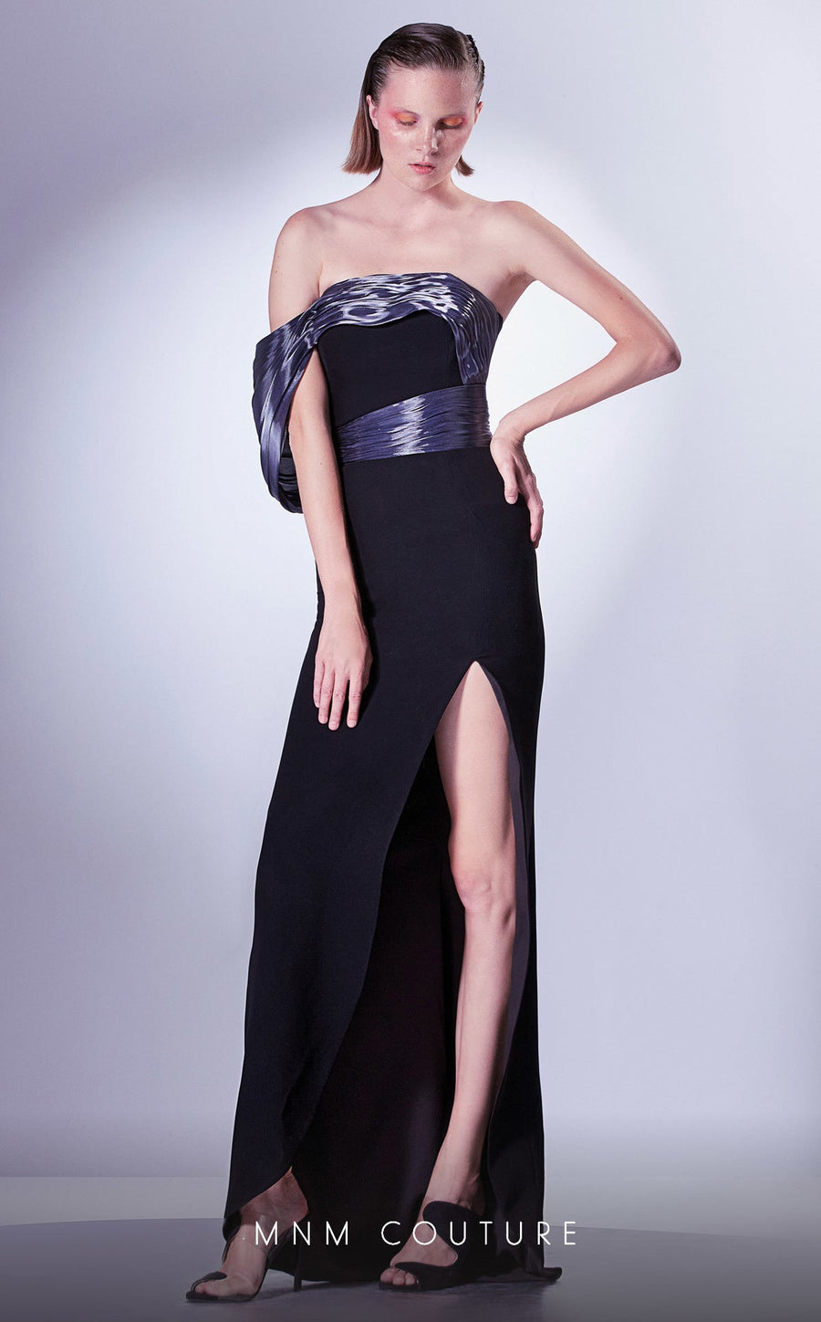 Formal Dresses Pleated Long High Slit Fitted Formal Evening Dress Black