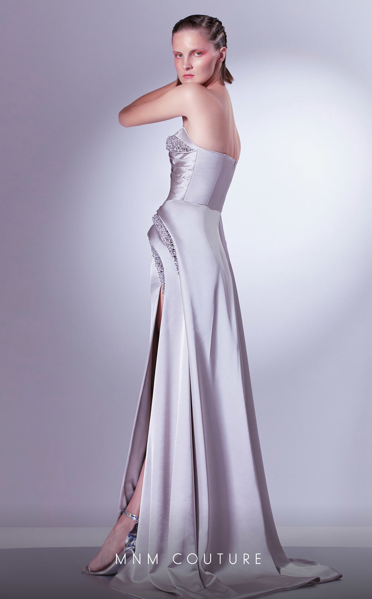Prom Dresses Beaded Slit Long Formal Corset Prom Dress Silver
