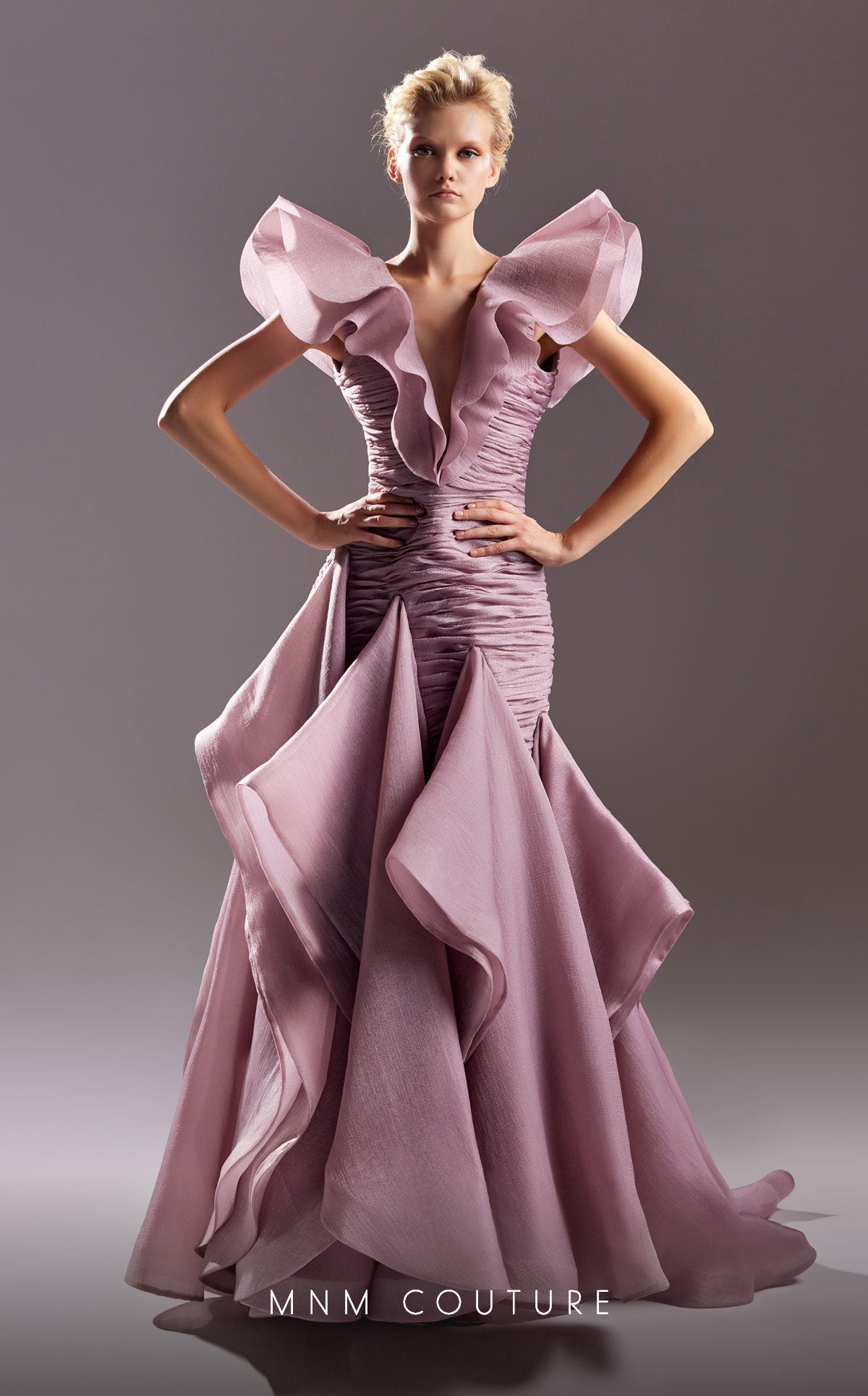 Formal Dresses Fitted Ruched Long Ruffle Formal Evening Dress Pink
