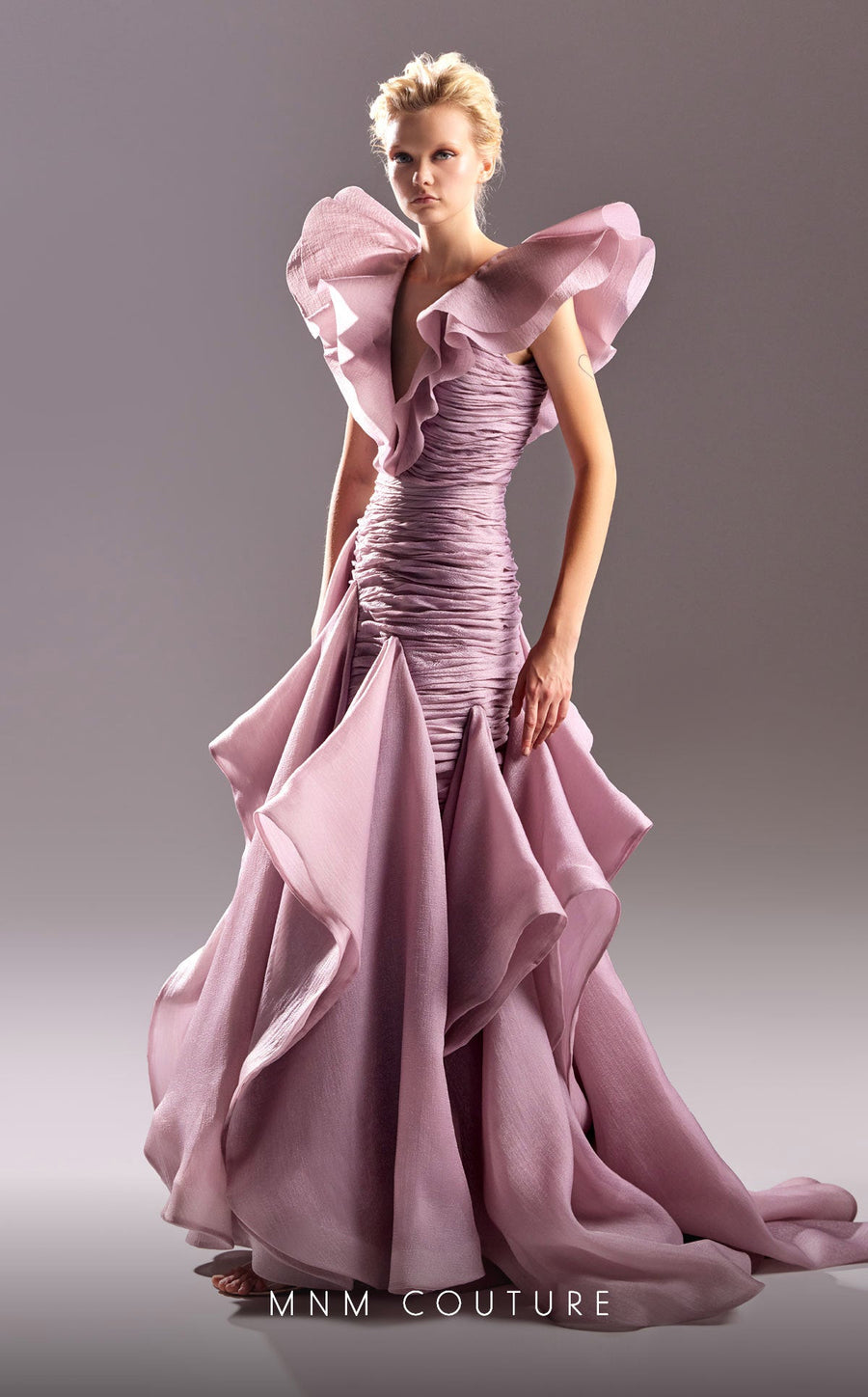 Formal Dresses Fitted Ruched Long Ruffle Formal Evening Dress Pink
