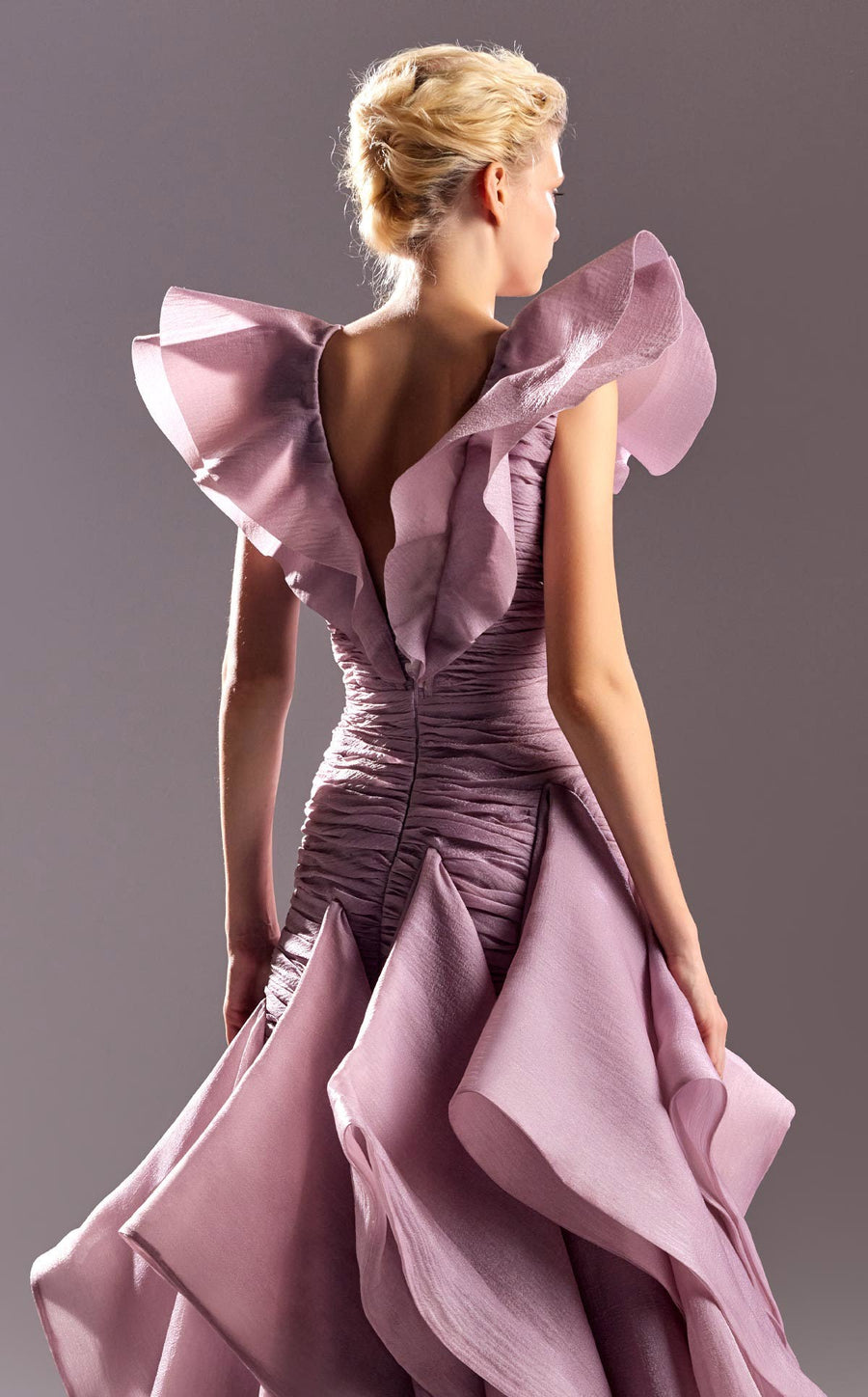 Formal Dresses Fitted Ruched Long Ruffle Formal Evening Dress Pink