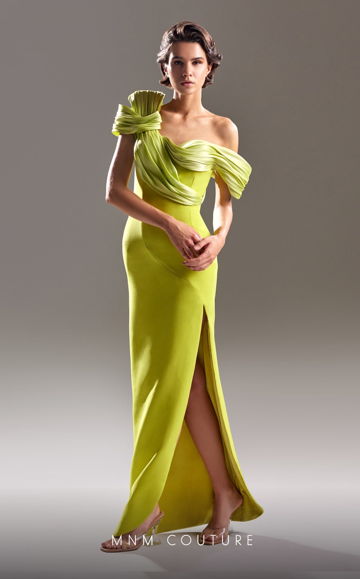 Formal Dresses Fitted Ruched Long Slit Formal Dress Pistache