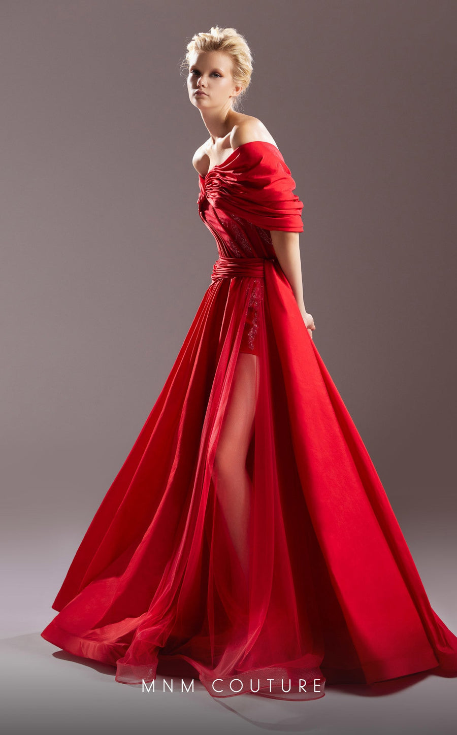 Prom Dresses A Line Long Ruched Slit Formal Prom Dress Red