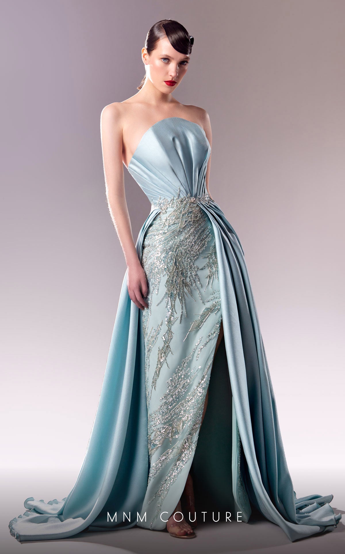 Formal Dresses Fitted Long Beaded Overskirt Slit Formal Dress  Blue