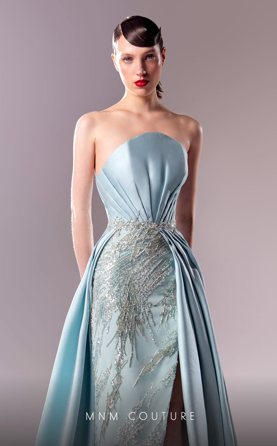 Formal Dresses Fitted Long Beaded Overskirt Slit Formal Dress  Blue