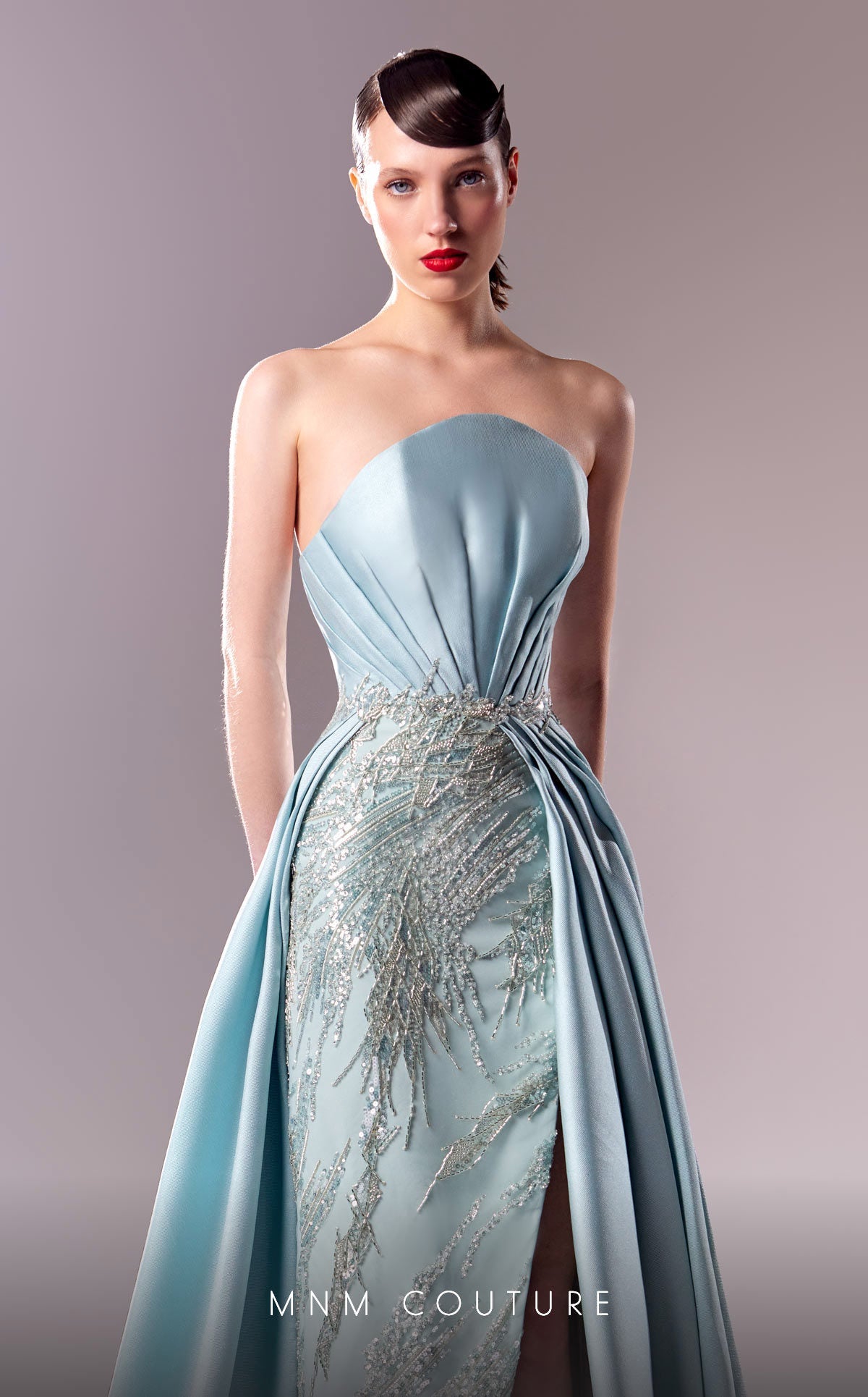 Formal Dresses Fitted Long Beaded Overskirt Slit Formal Dress  Blue