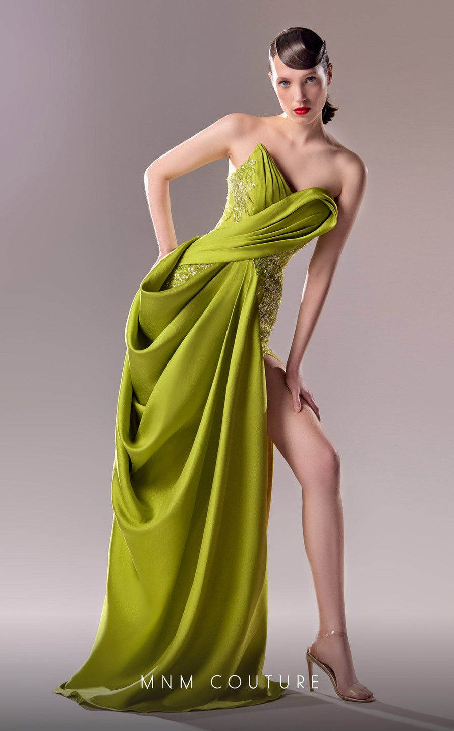 Formal Dresses Long Formal 3D Pleated Slit Beaded Porm Dress Lime