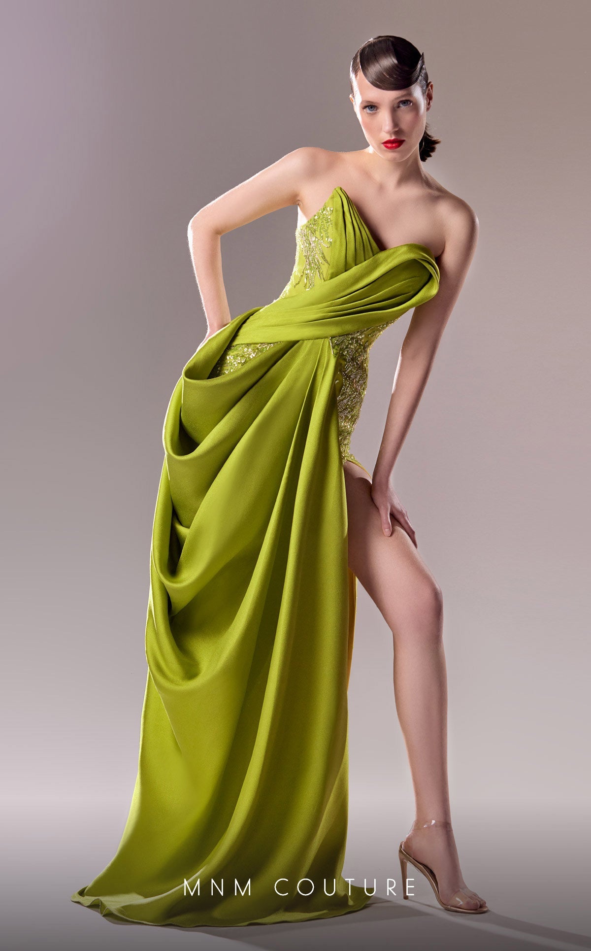 Formal Dresses Long Formal 3D Pleated Slit Beaded Porm Dress Lime