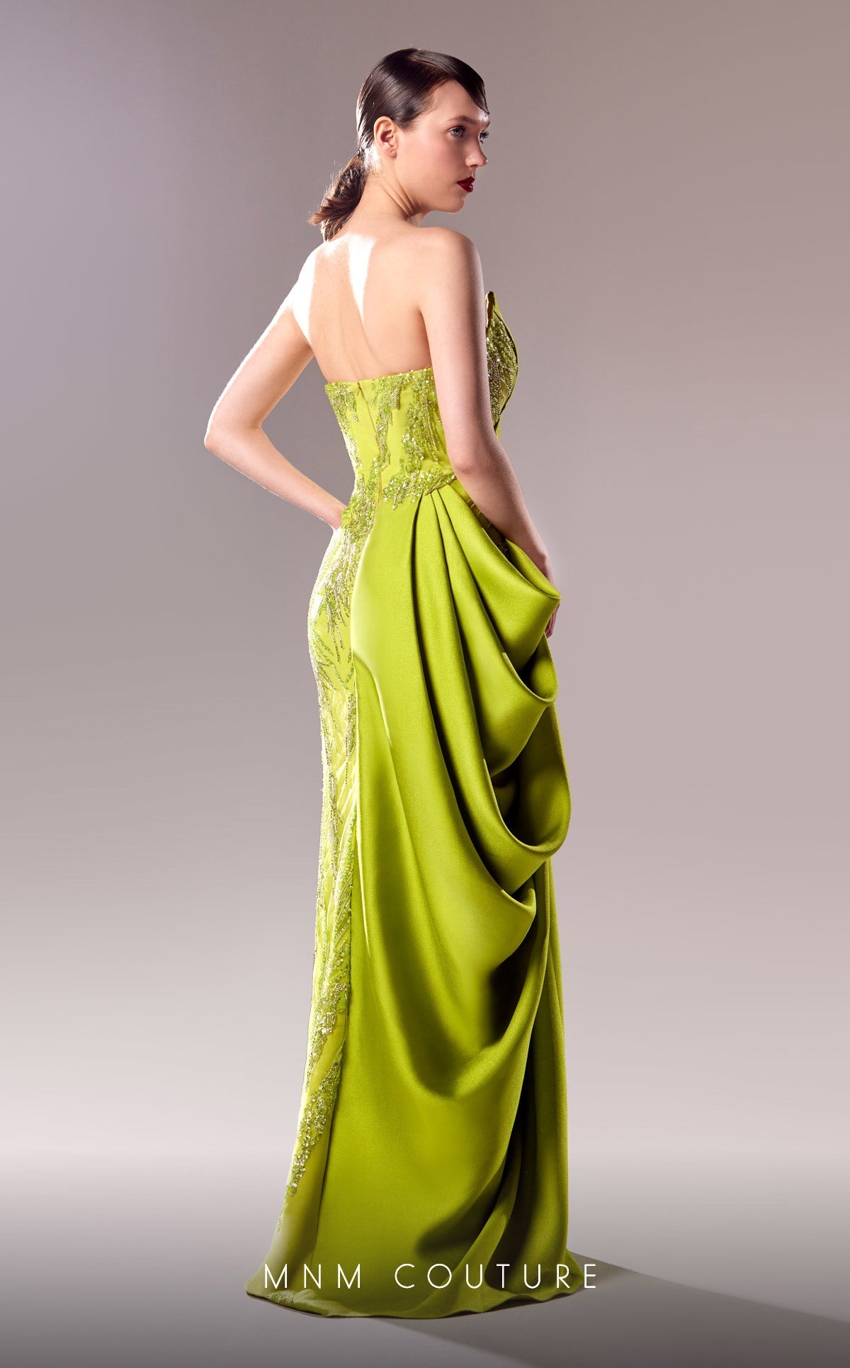 Formal Dresses Long Formal 3D Pleated Slit Beaded Porm Dress Lime