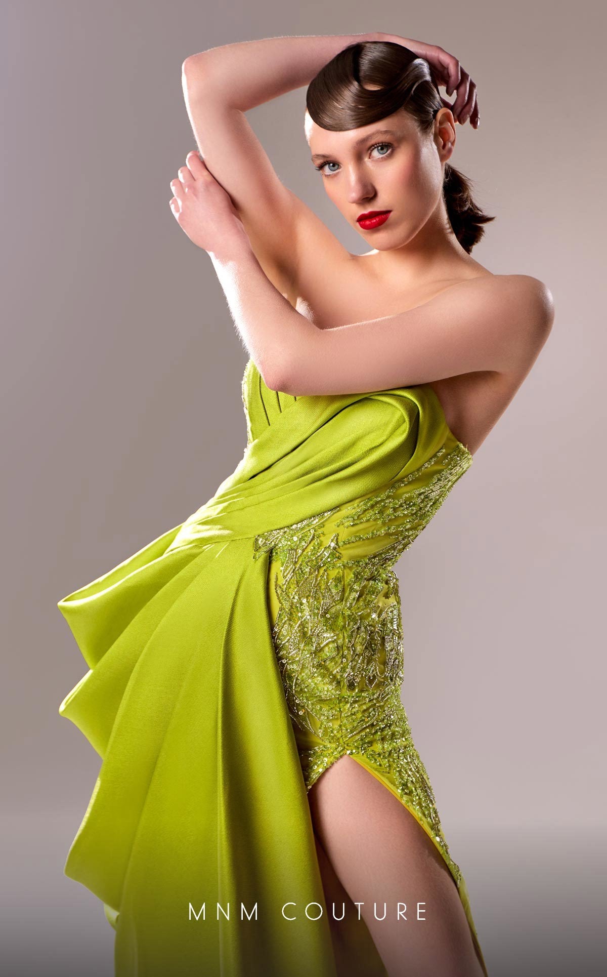 Formal Dresses Long Formal 3D Pleated Slit Beaded Porm Dress Lime