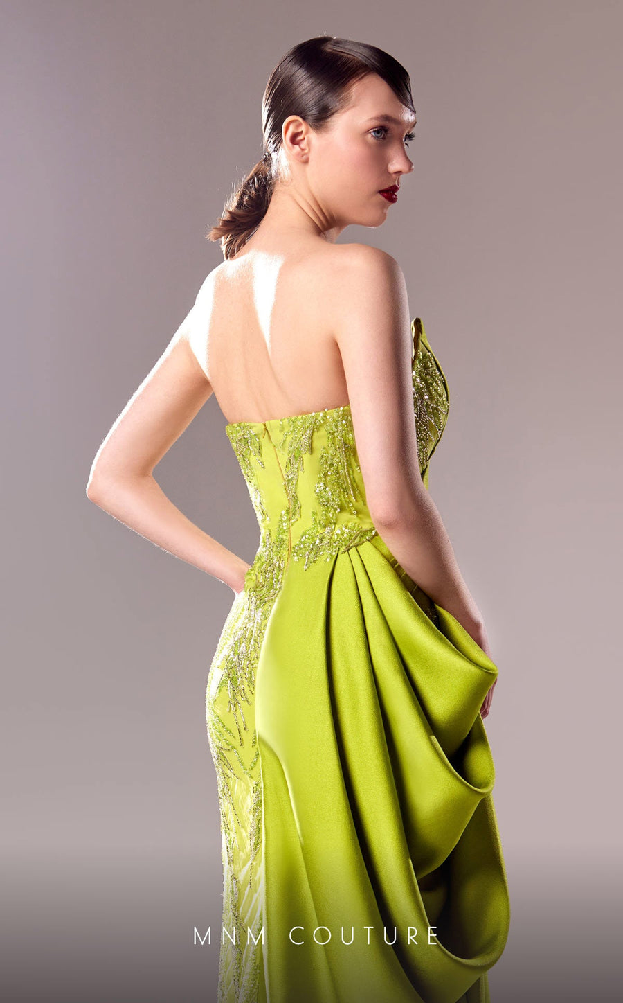 Formal Dresses Long Formal 3D Pleated Slit Beaded Porm Dress Lime