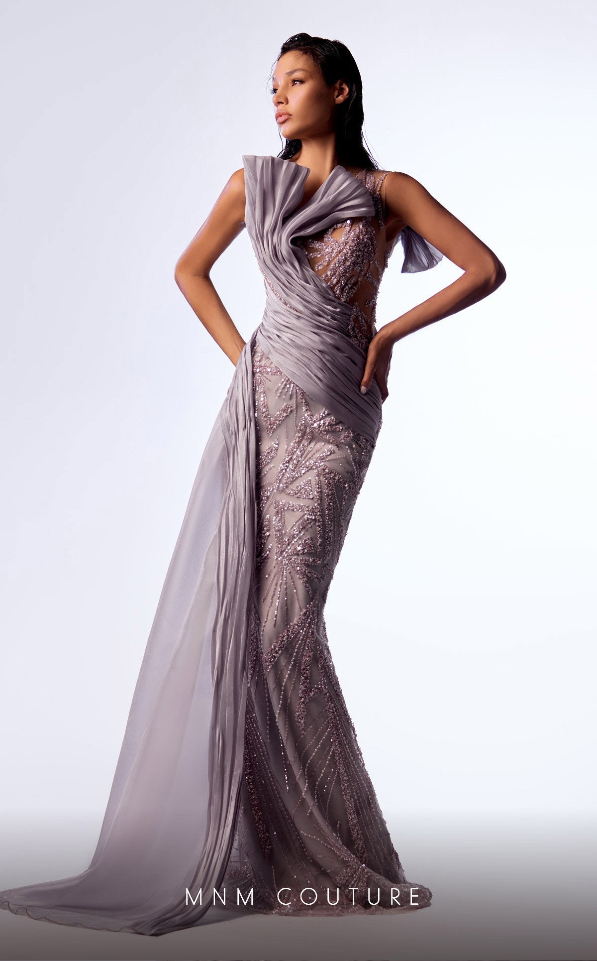 Formal Dresses Pleated Long Formal Overskirt Fitted Dress Silver