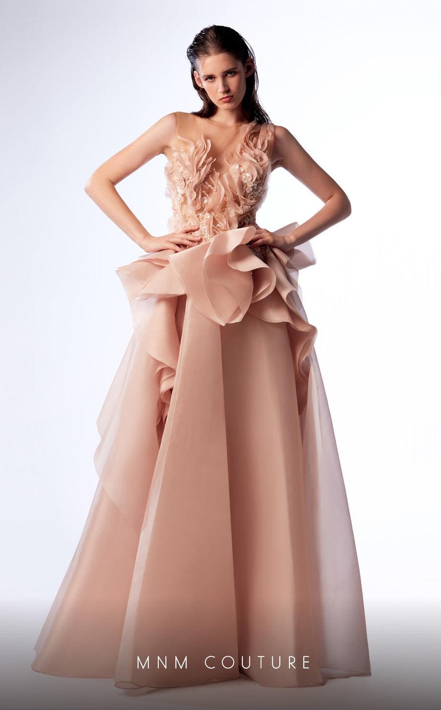 Formal Dresses A Line Long Formal Ruffled Peplum Evening Prom Dress Beige