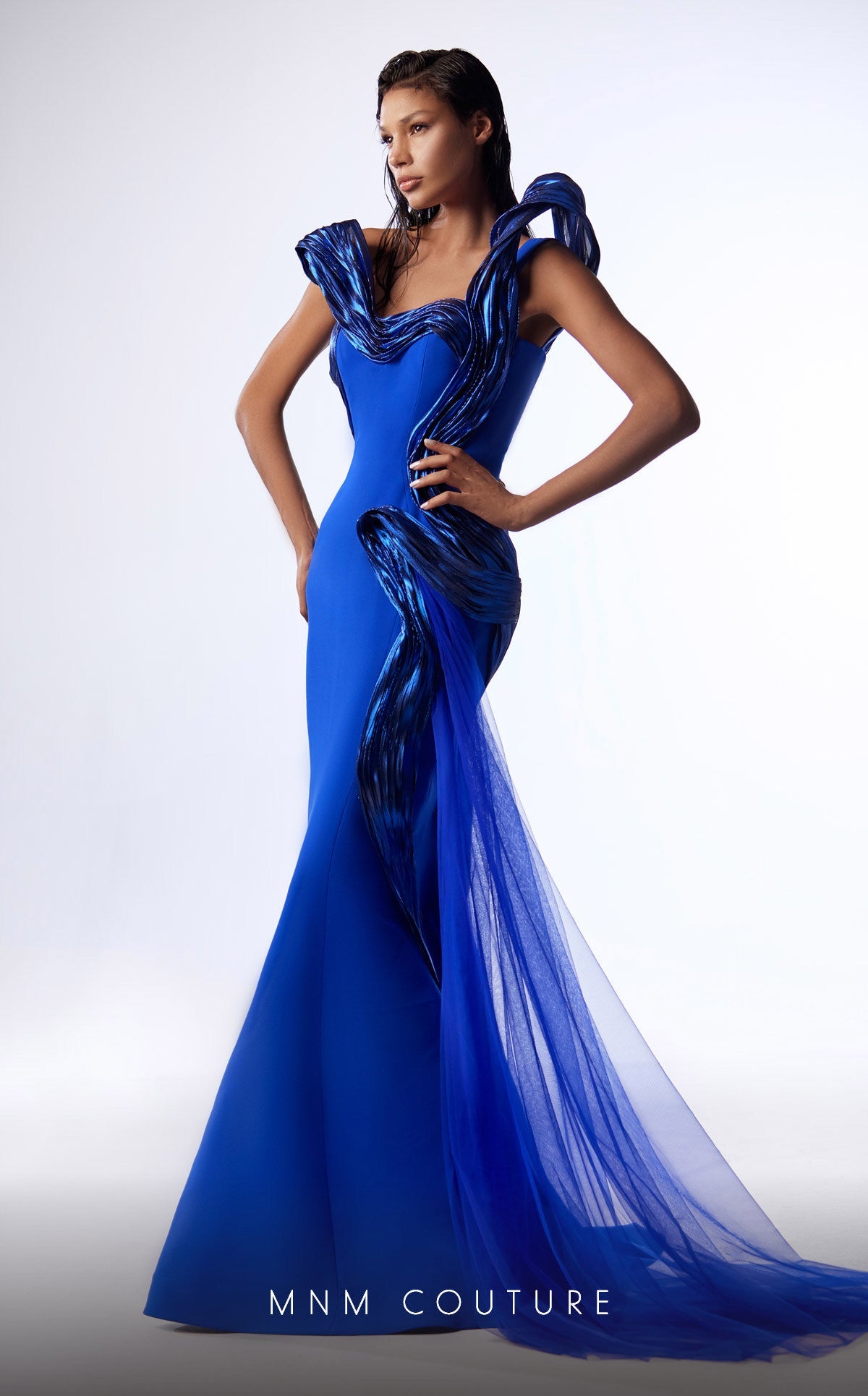 Formal Dresses Mermaid Long Formal Metallic Ruffled Evening Dress Blue