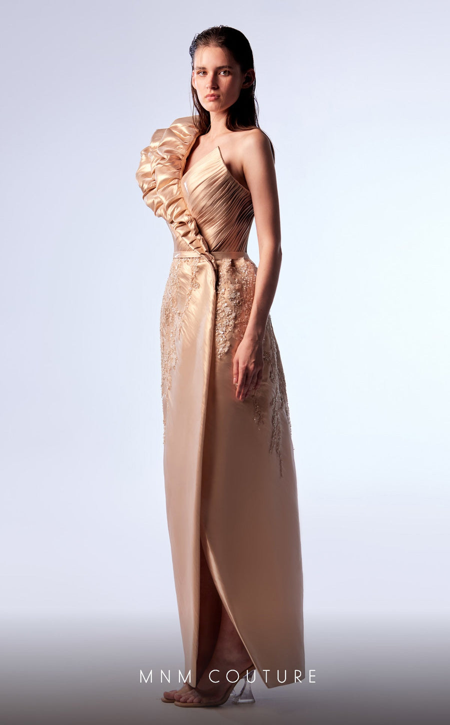 Formal Dresses Long Formal Beaded Applique Metallic Dress Beige