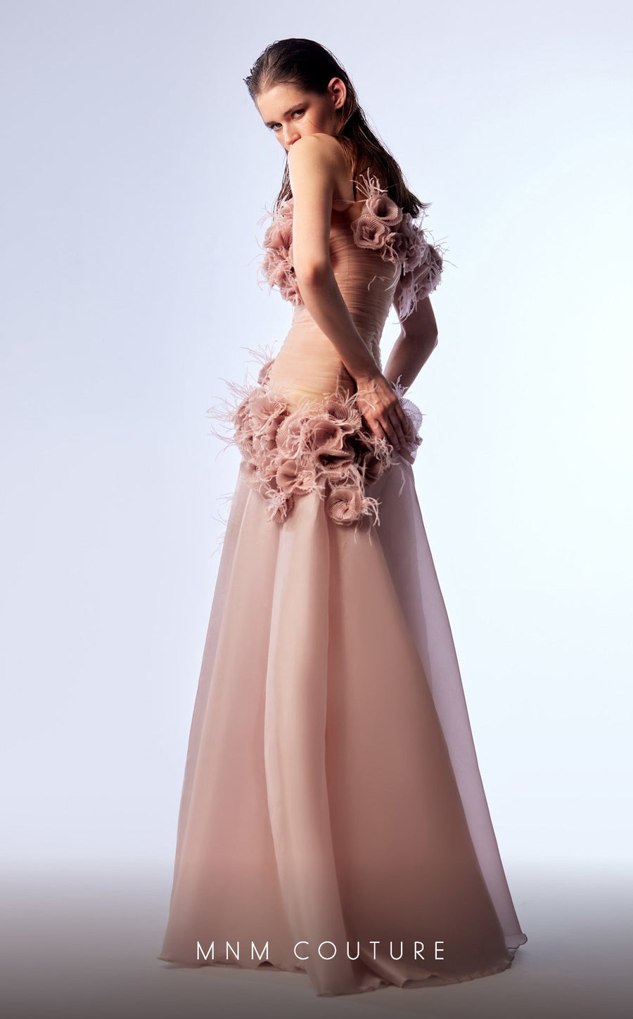 Formal Dresses Pleated Long Formal Floral Feather Prom Dress Beige