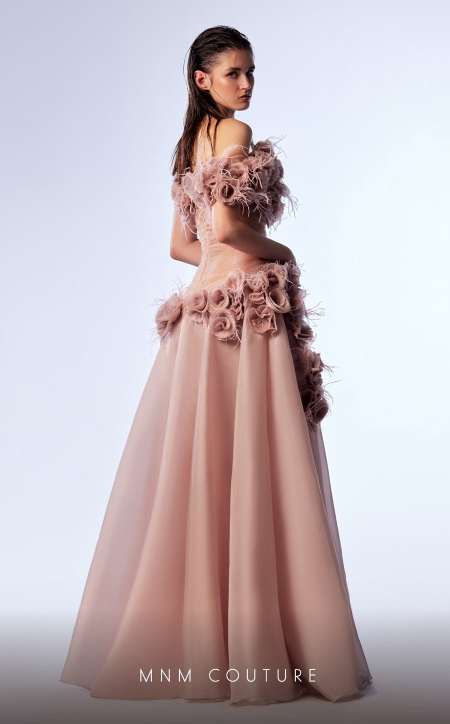 Formal Dresses Pleated Long Formal Floral Feather Prom Dress Beige