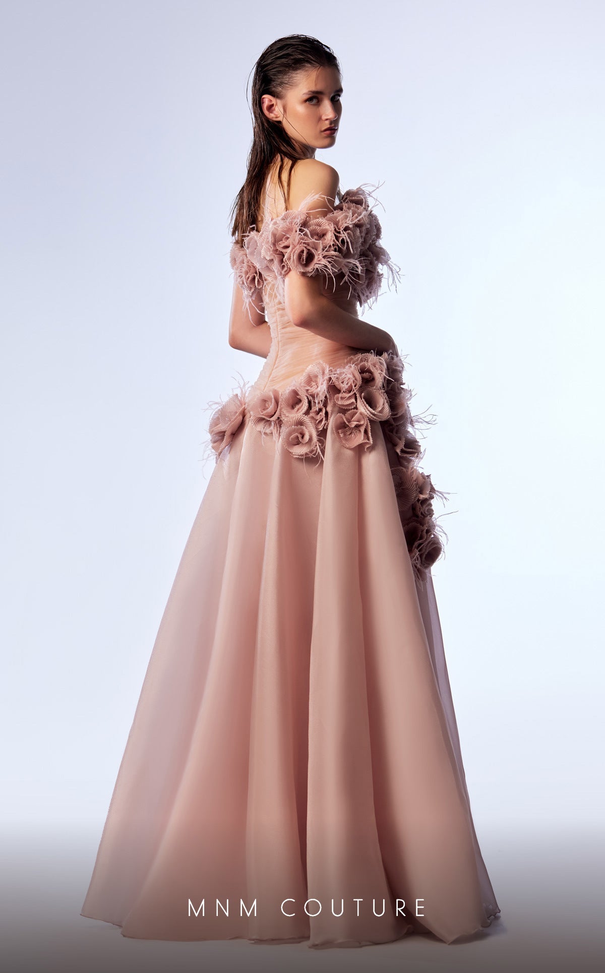 Formal Dresses Pleated Long Formal Floral Feather Prom Dress Beige