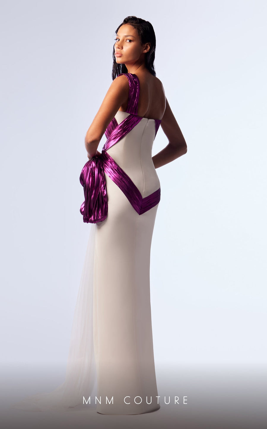 Formal Dresses Fitted Long Formal Slit Metallic Prom Dress White/Purple