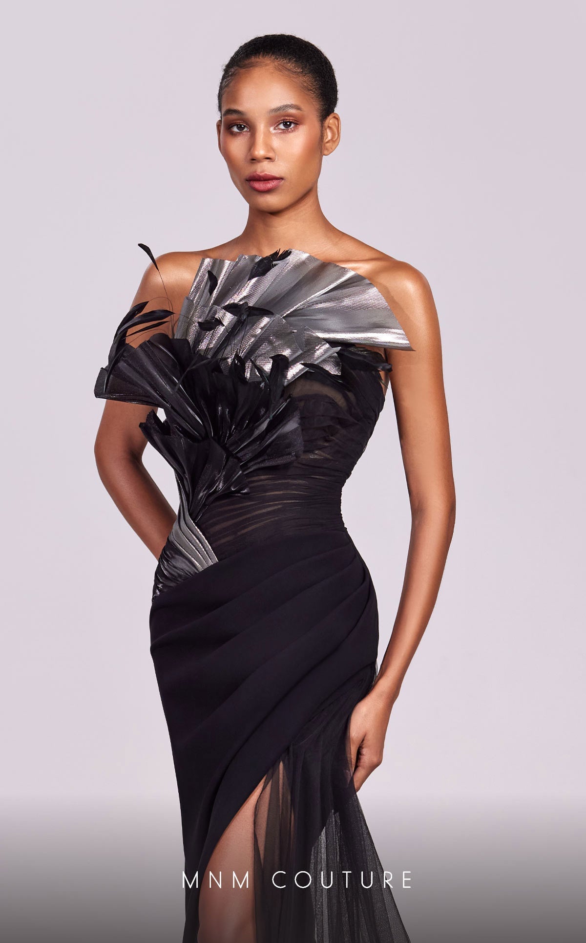 Formal Dresses Pleated Metallic Long Formal Fitted Prom Dress Black/Silver