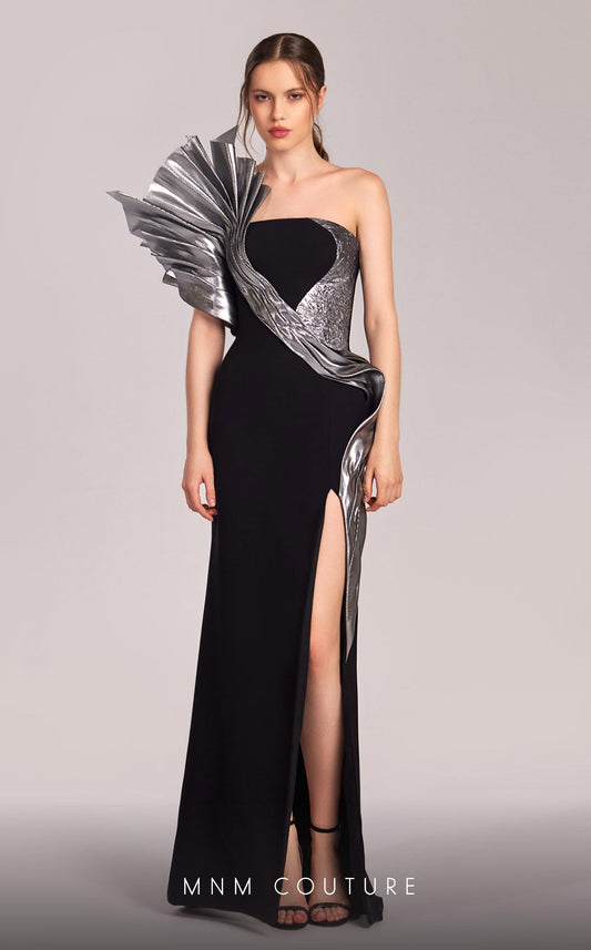 Formal Dresses Pleated Long Formal Fitted Metallic Prom Dress Black/Silver