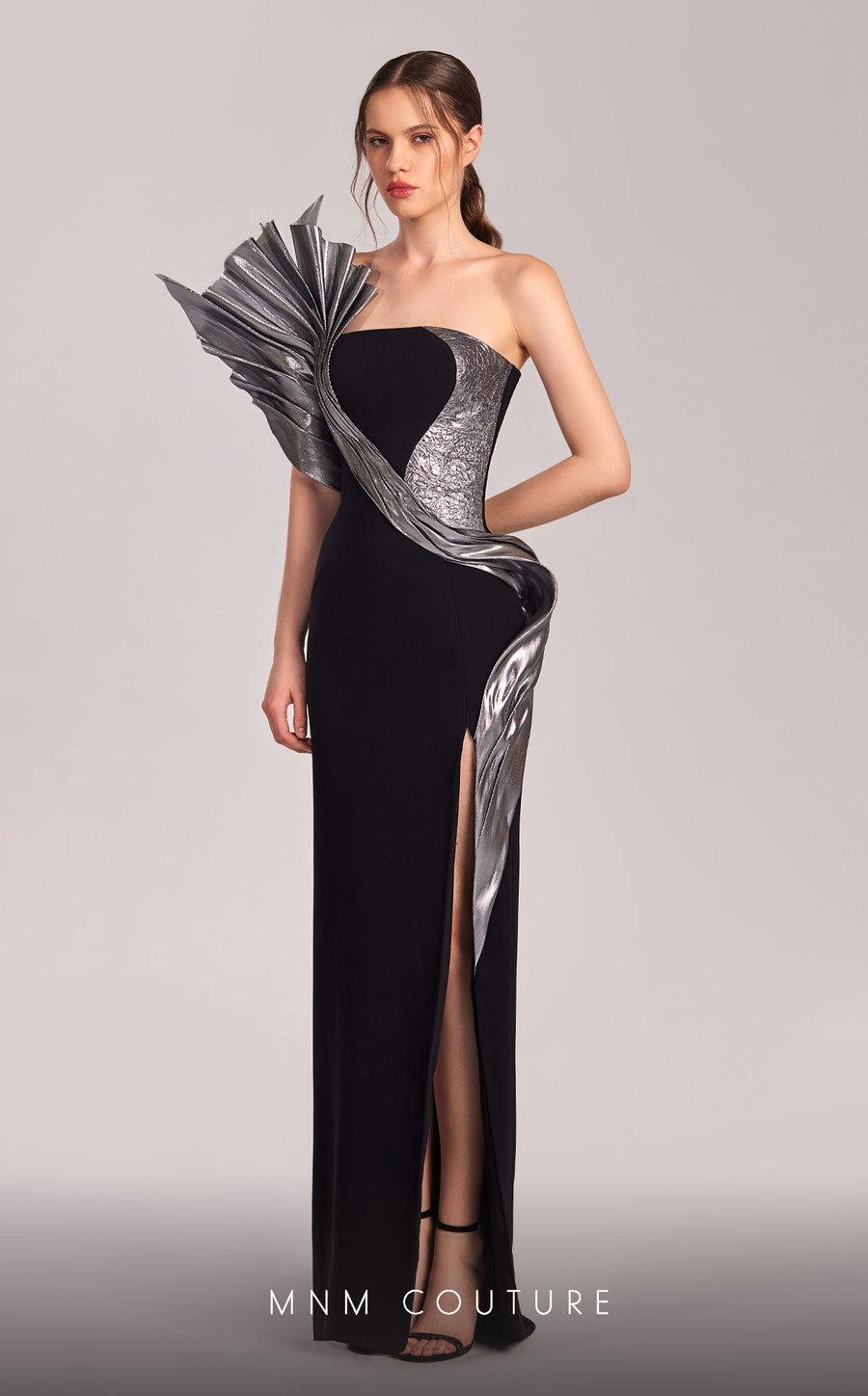Formal Dresses Pleated Long Formal Fitted Metallic Prom Dress Black/Silver