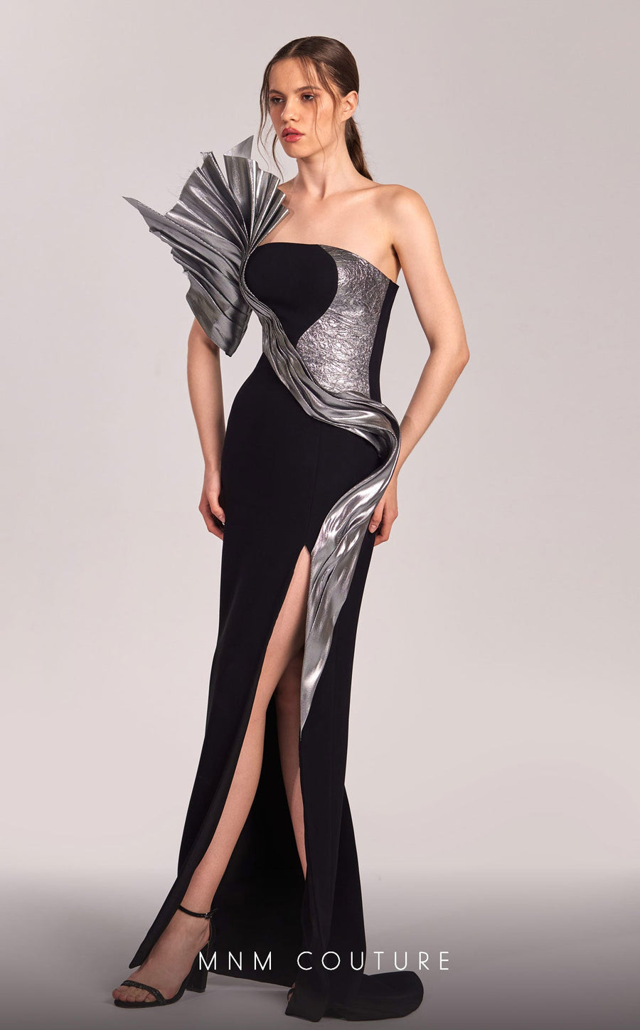 Formal Dresses Pleated Long Formal Fitted Metallic Prom Dress Black/Silver