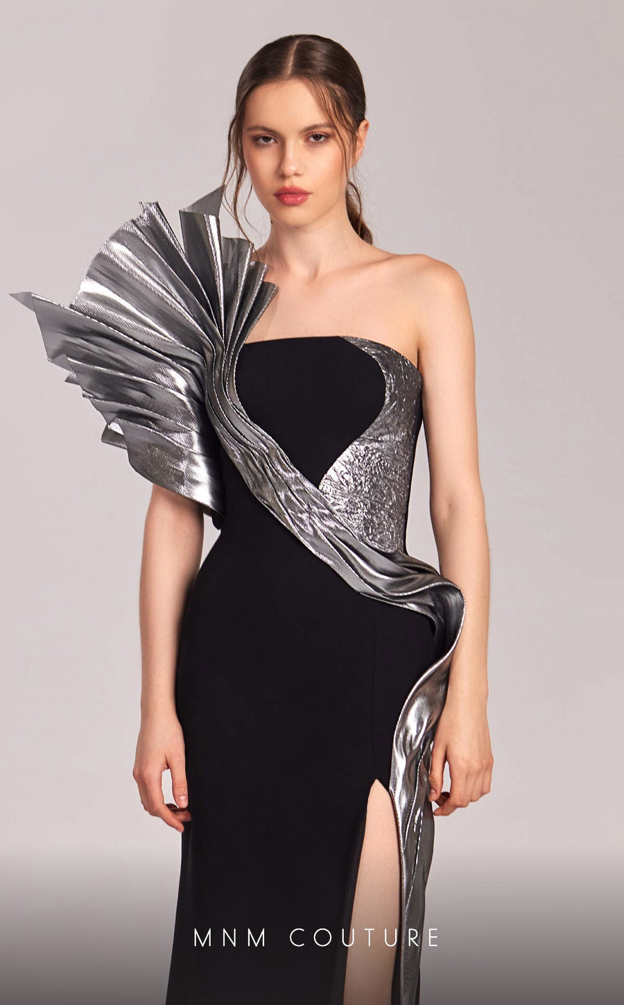 Formal Dresses Pleated Long Formal Fitted Metallic Prom Dress Black/Silver