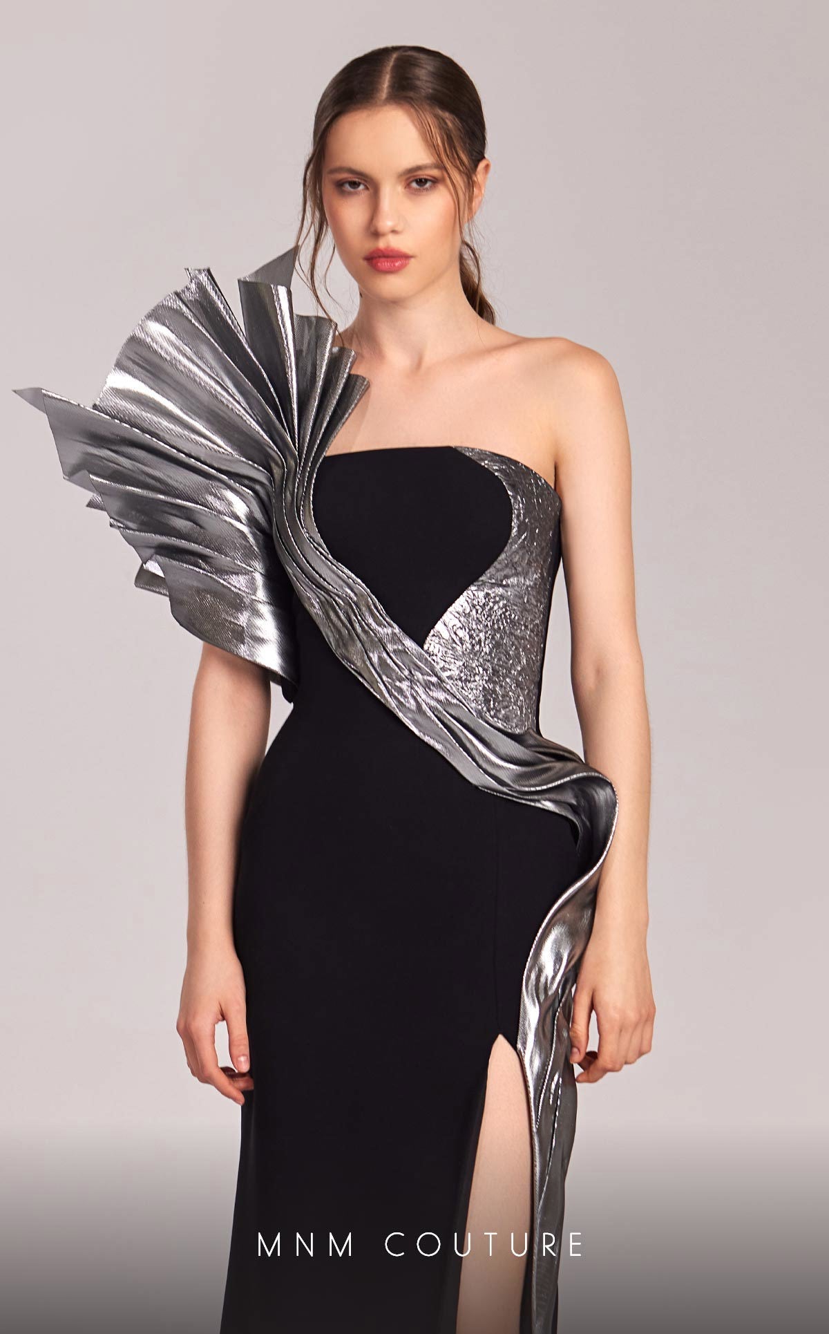 Formal Dresses Pleated Long Formal Fitted Metallic Prom Dress Black/Silver