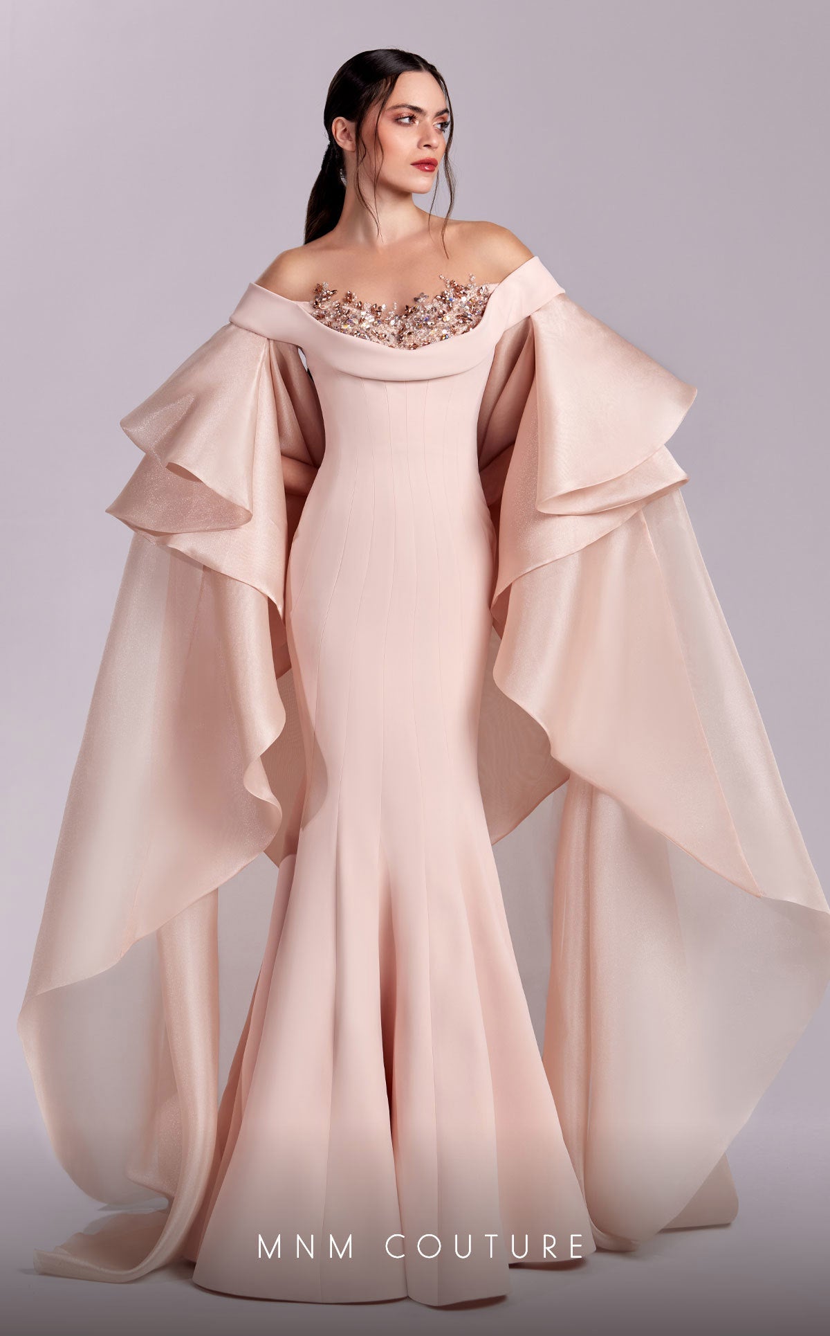 Formal Dresses Mermaid Formal Long Evening Ruffled Cape Dress Salmon