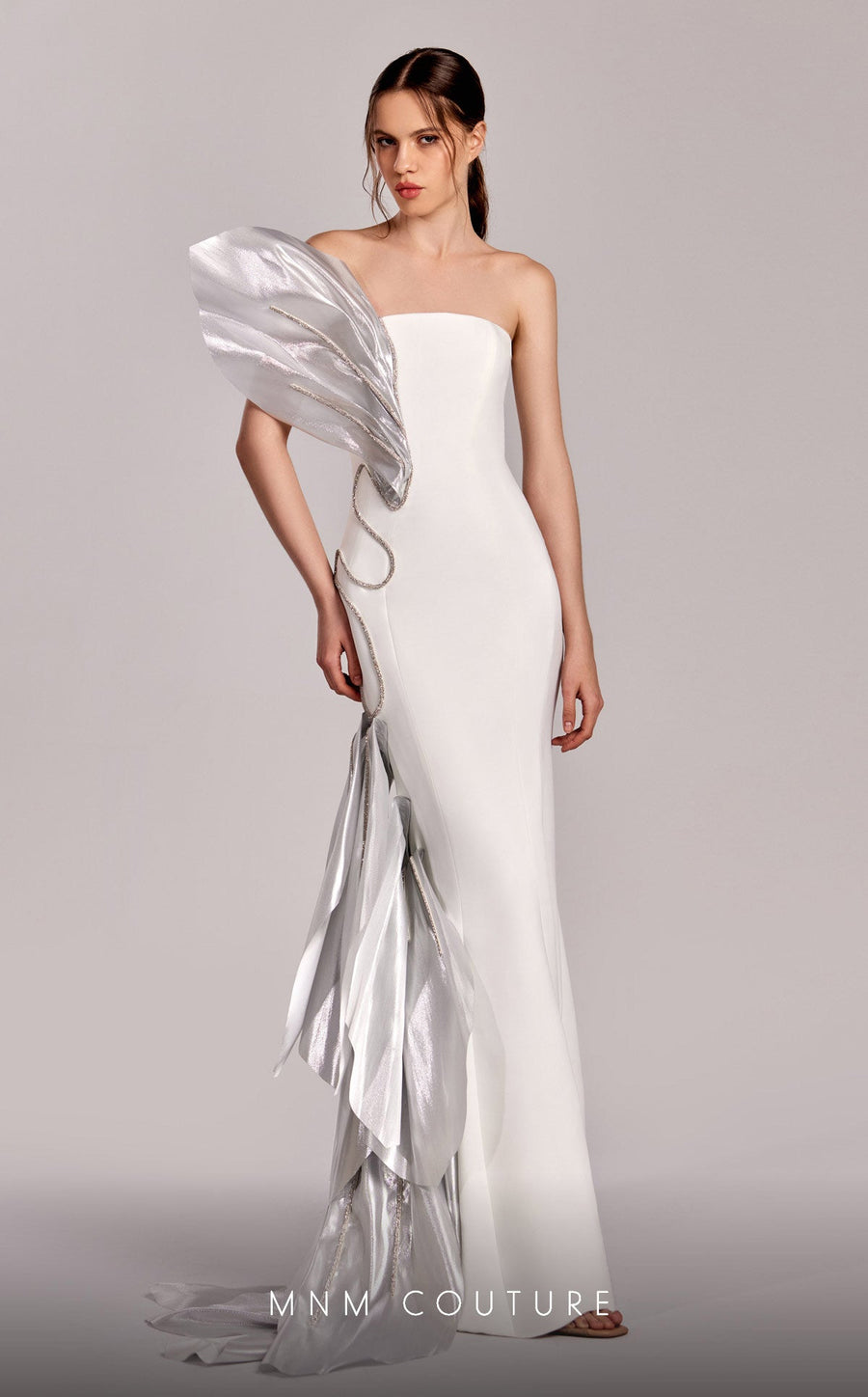 Formal Dresses Mermaid Long Beaded Formal Metallic Prom Dress Off White/Silver