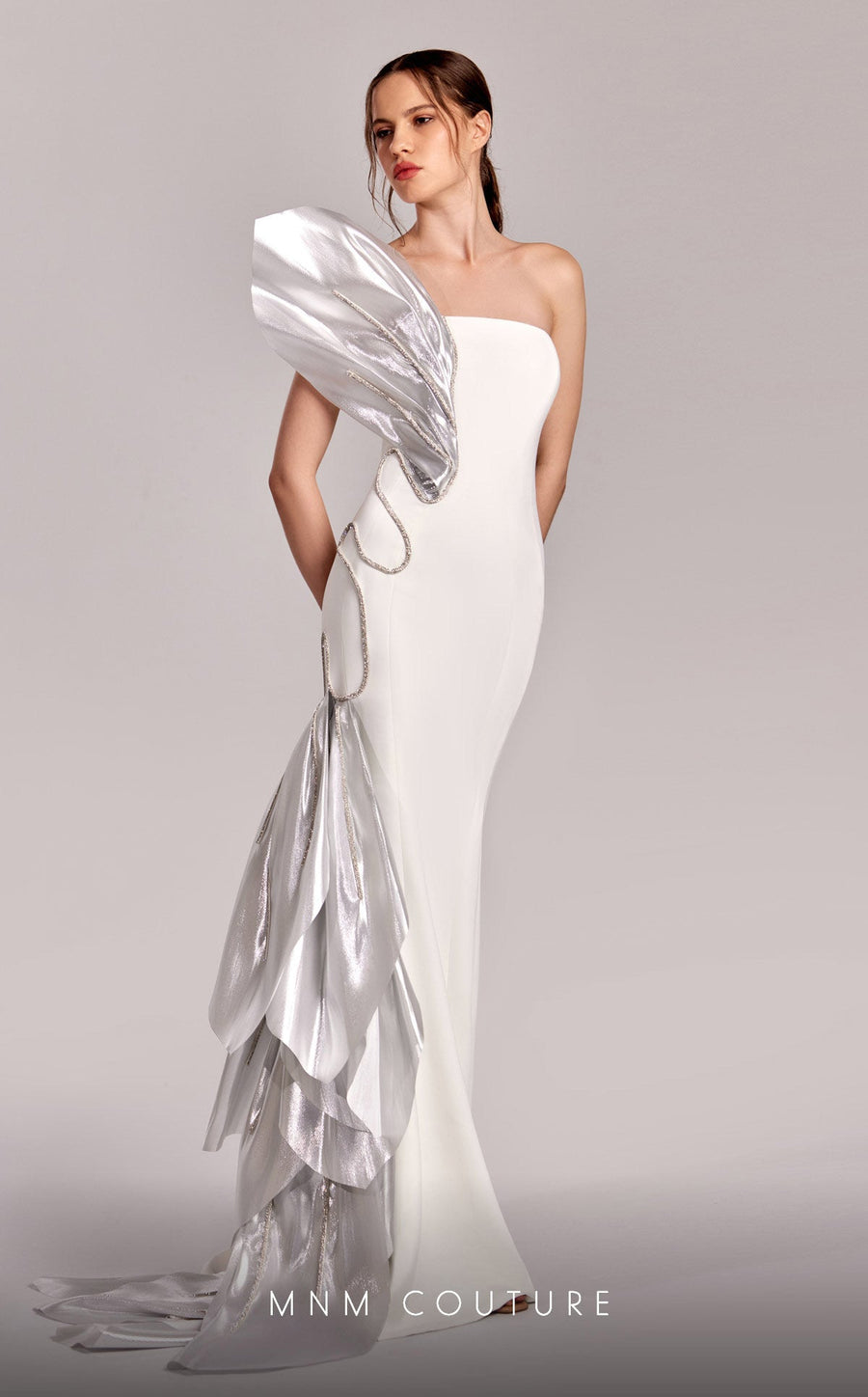 Formal Dresses Mermaid Long Beaded Formal Metallic Prom Dress Off White/Silver