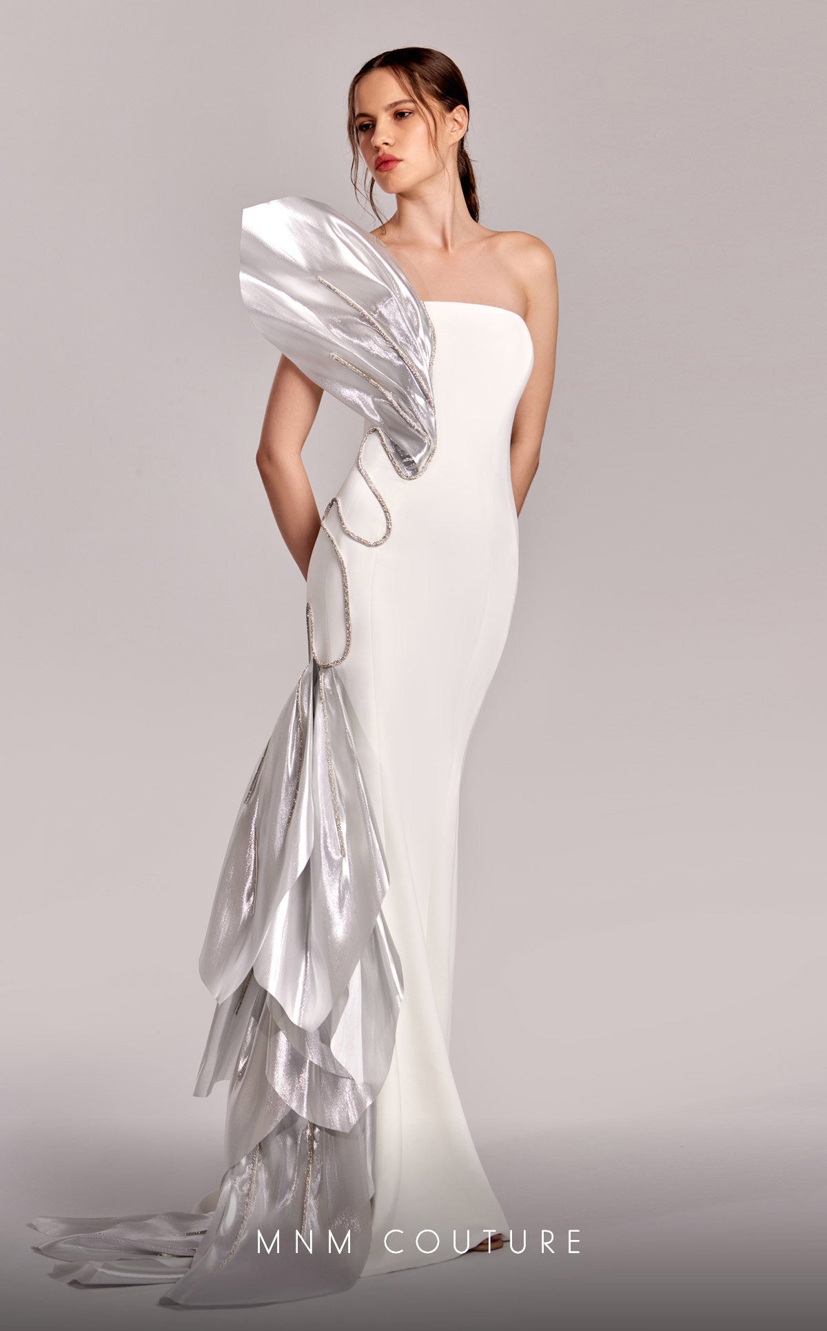 Formal Dresses Mermaid Long Beaded Formal Metallic Prom Dress Off White/Silver