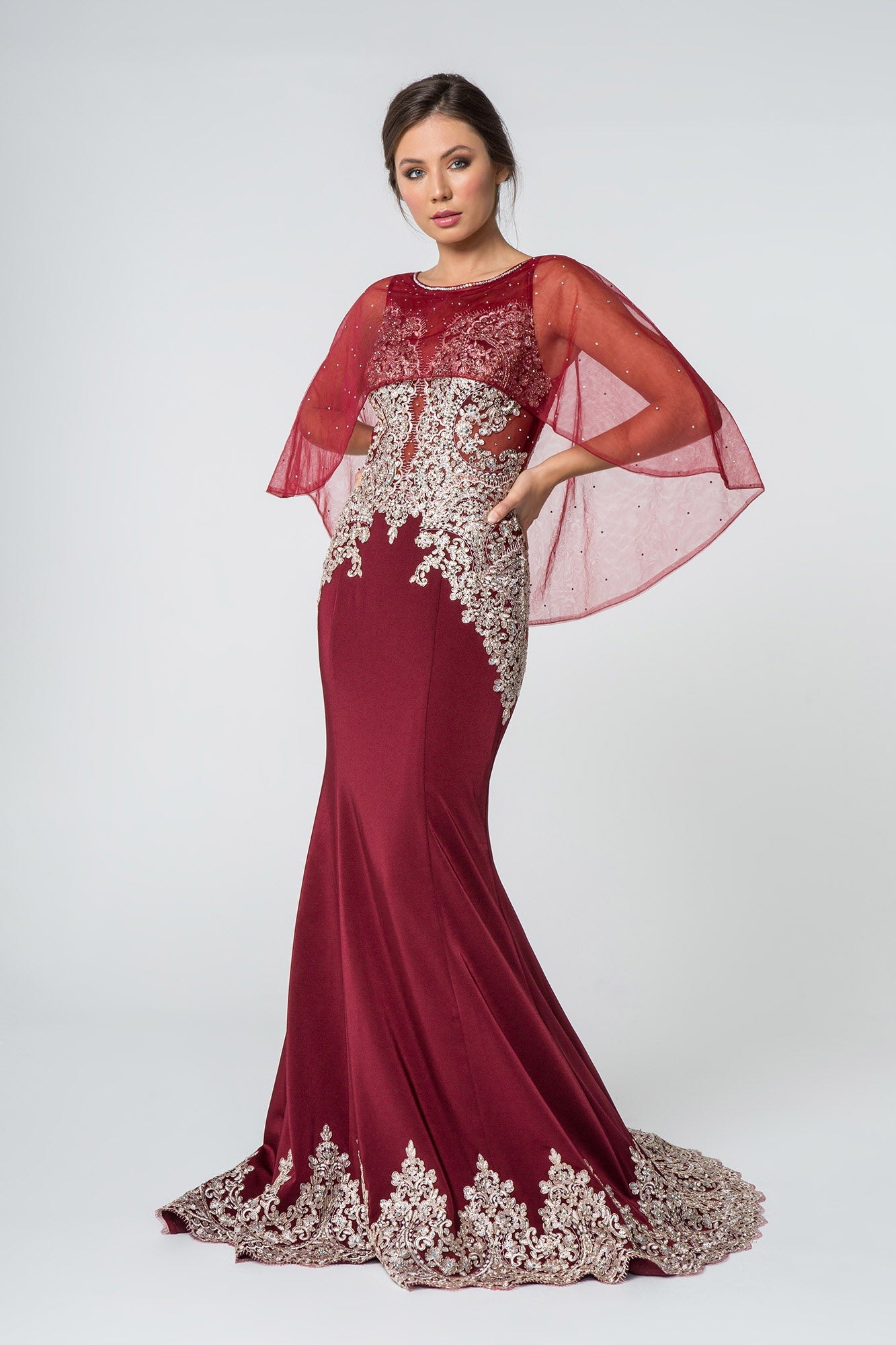 Long Formal Dress Evening Gown Cape Sleeves - The Dress Outlet Elizabeth K Burgundy