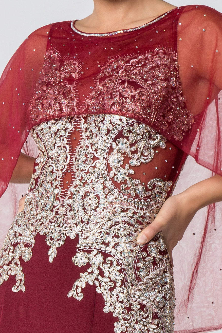 Long Formal Dress Evening Gown Cape Sleeves - The Dress Outlet Elizabeth K Burgundy