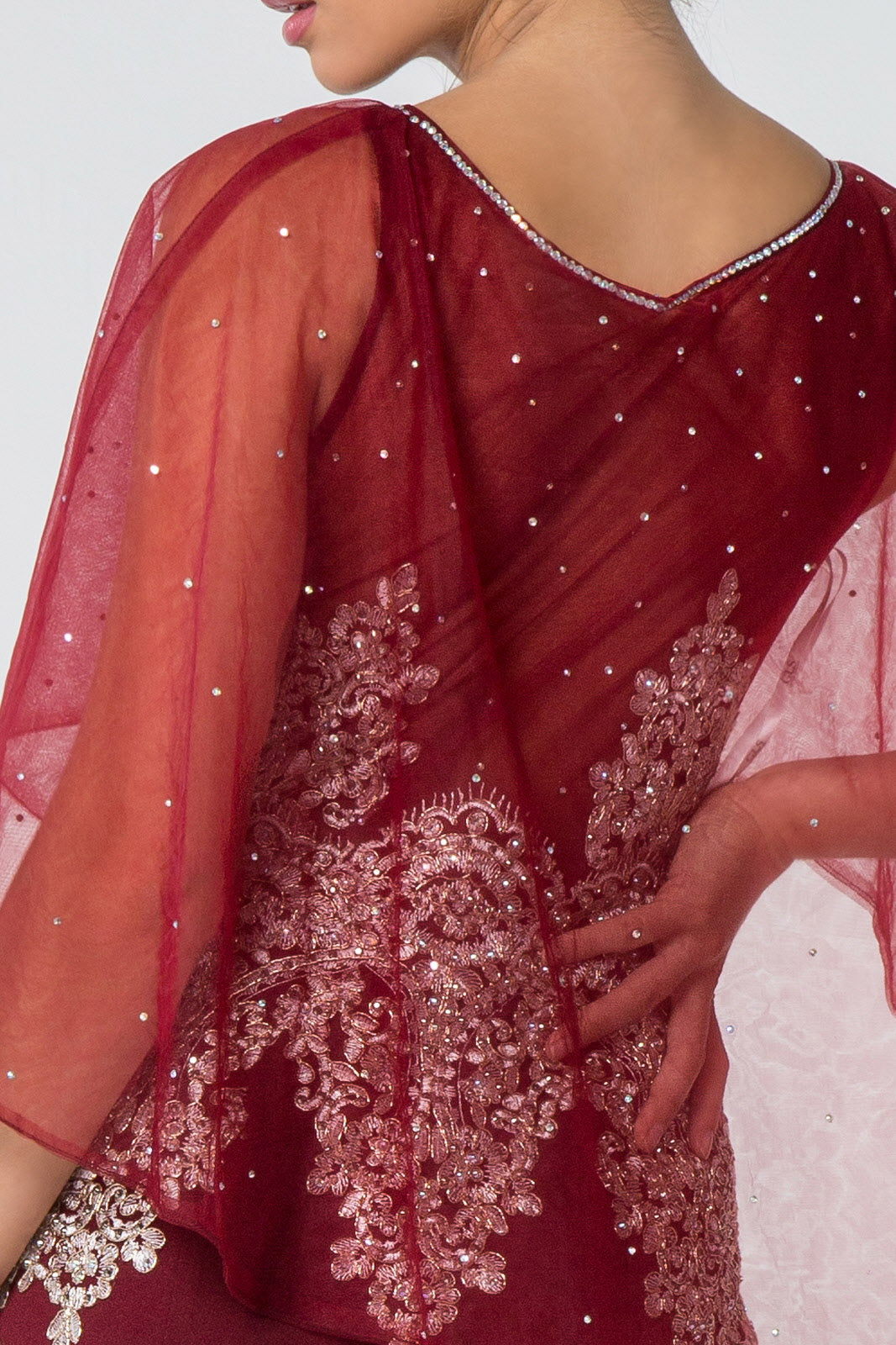 Long Formal Dress Evening Gown Cape Sleeves - The Dress Outlet Elizabeth K Burgundy