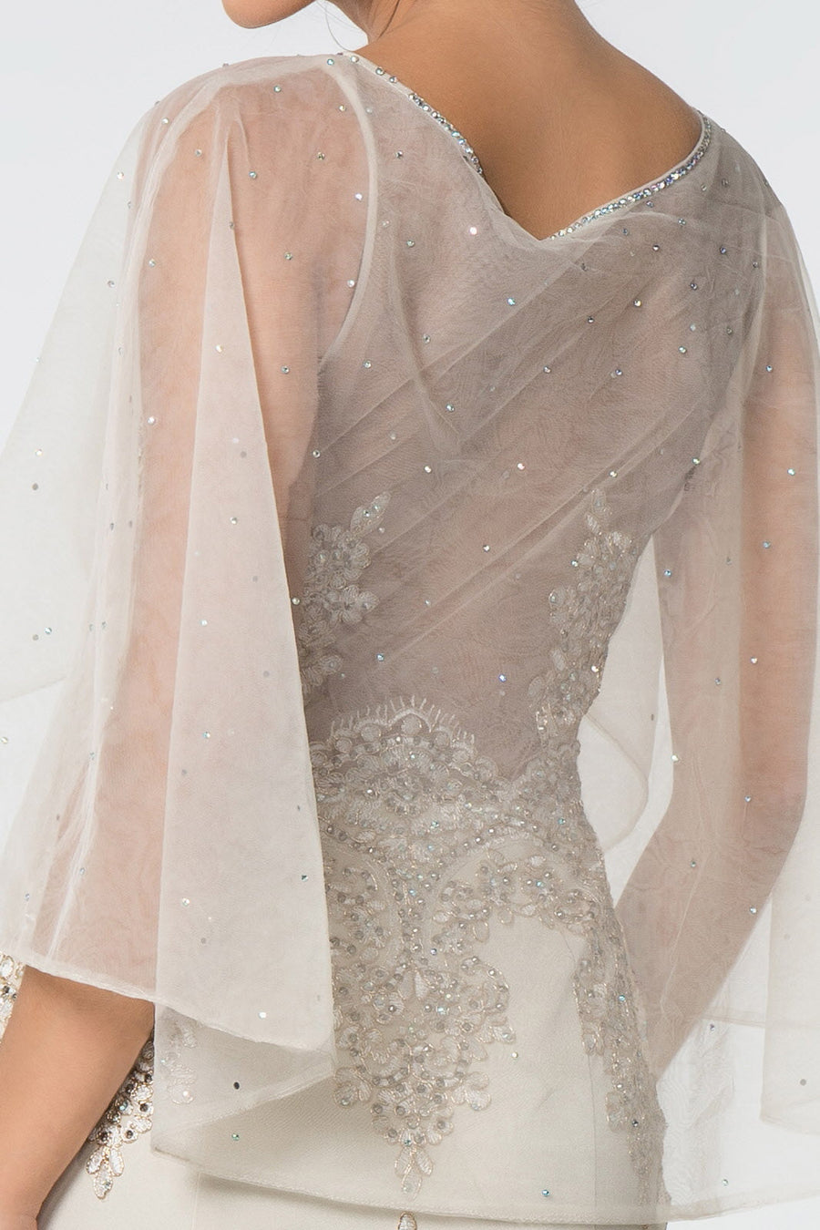 Long Formal Dress Evening Gown Cape Sleeves - The Dress Outlet Elizabeth K Champagne