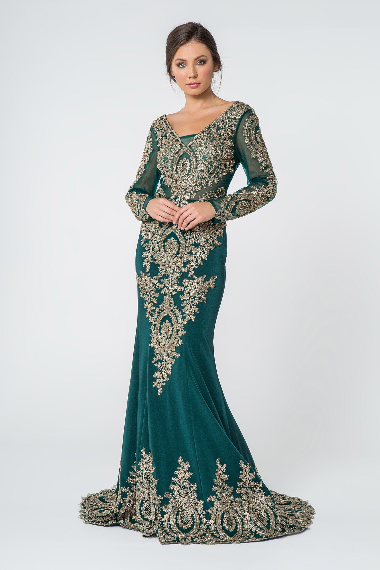 Long Sleeve Dress Formal Evening Gown - The Dress Outlet Elizabeth K Teal
