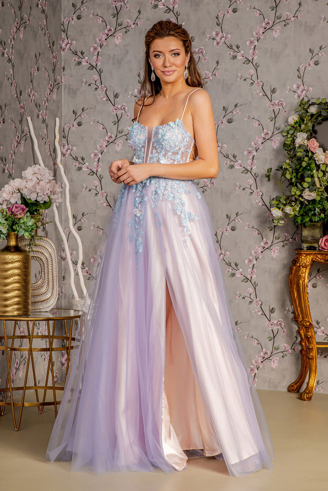 Prom Dresses  Prom 3D Butterfly A line Long Slit Dress Smoky Blue/Peach