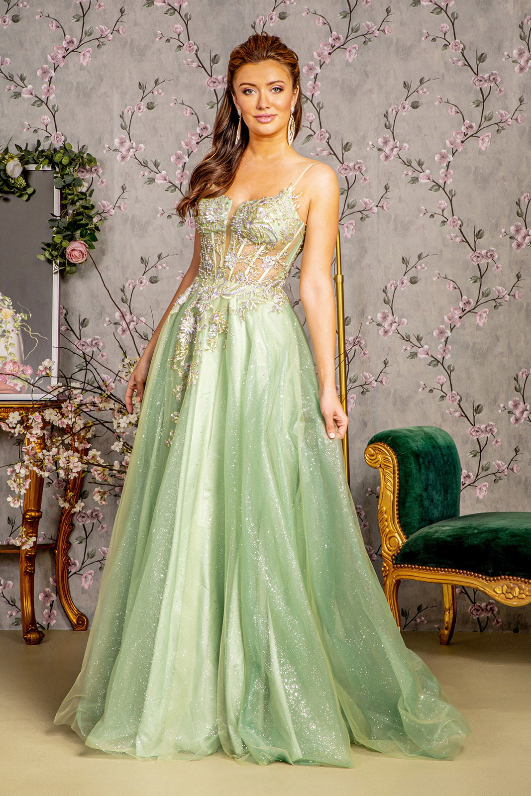 Prom Dresses Prom Corset Bodice  A line Long Dress Sage