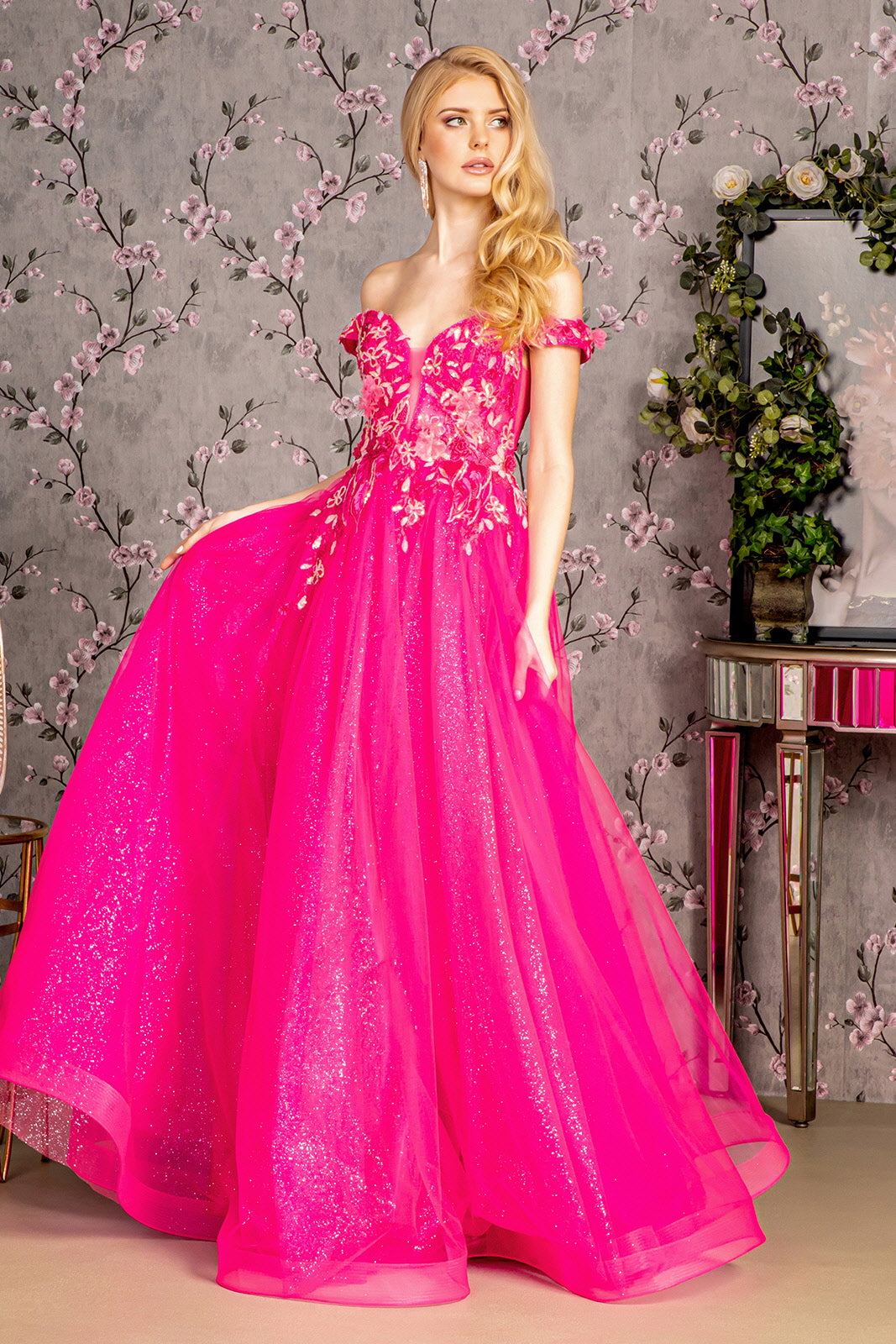 Prom Dresses Prom 3D Flower A line Long Dress Fuchsia