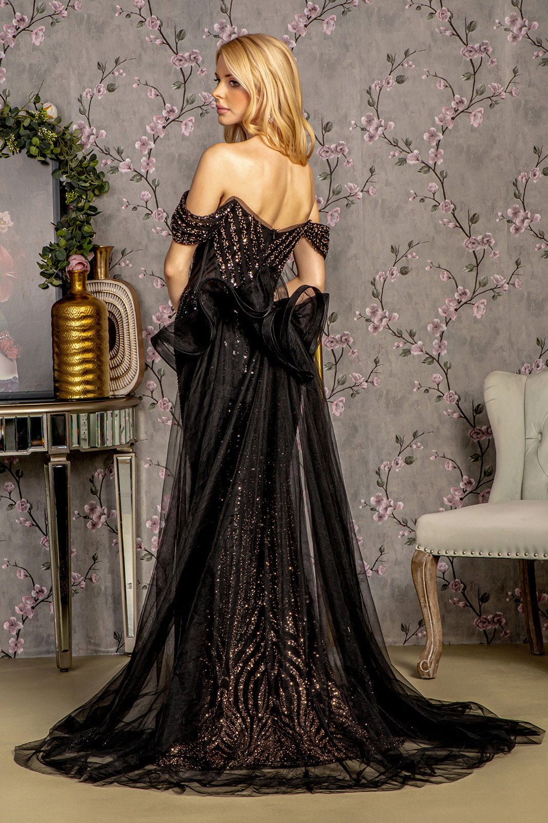 Prom Dresses Detachable Waist Drape Mermaid Long Prom Dress Black