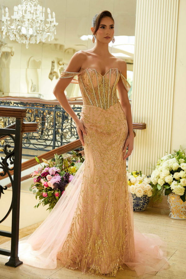 Prom Dresses Prom Glitter Long Fitted Formal Overskirt Dress Rose Gold