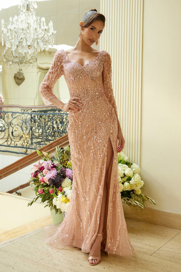 Mother of the Bride Dresses Long Formal Glitter Sequin Evening Dress Dusty Rose