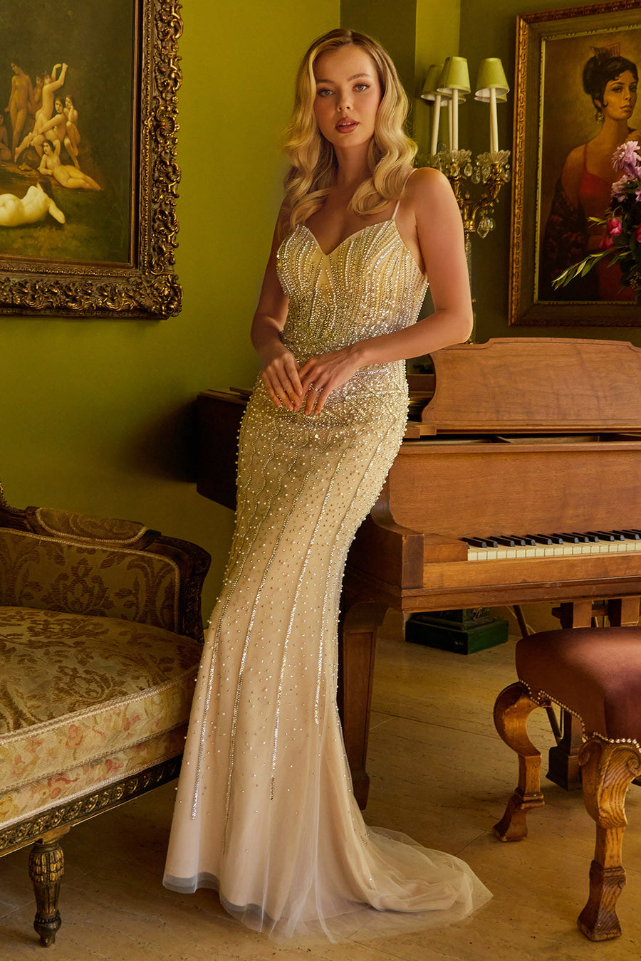 Prom Dresses Long Beaded Sequin Formal Fitted Prom Dress Champagne/Nude