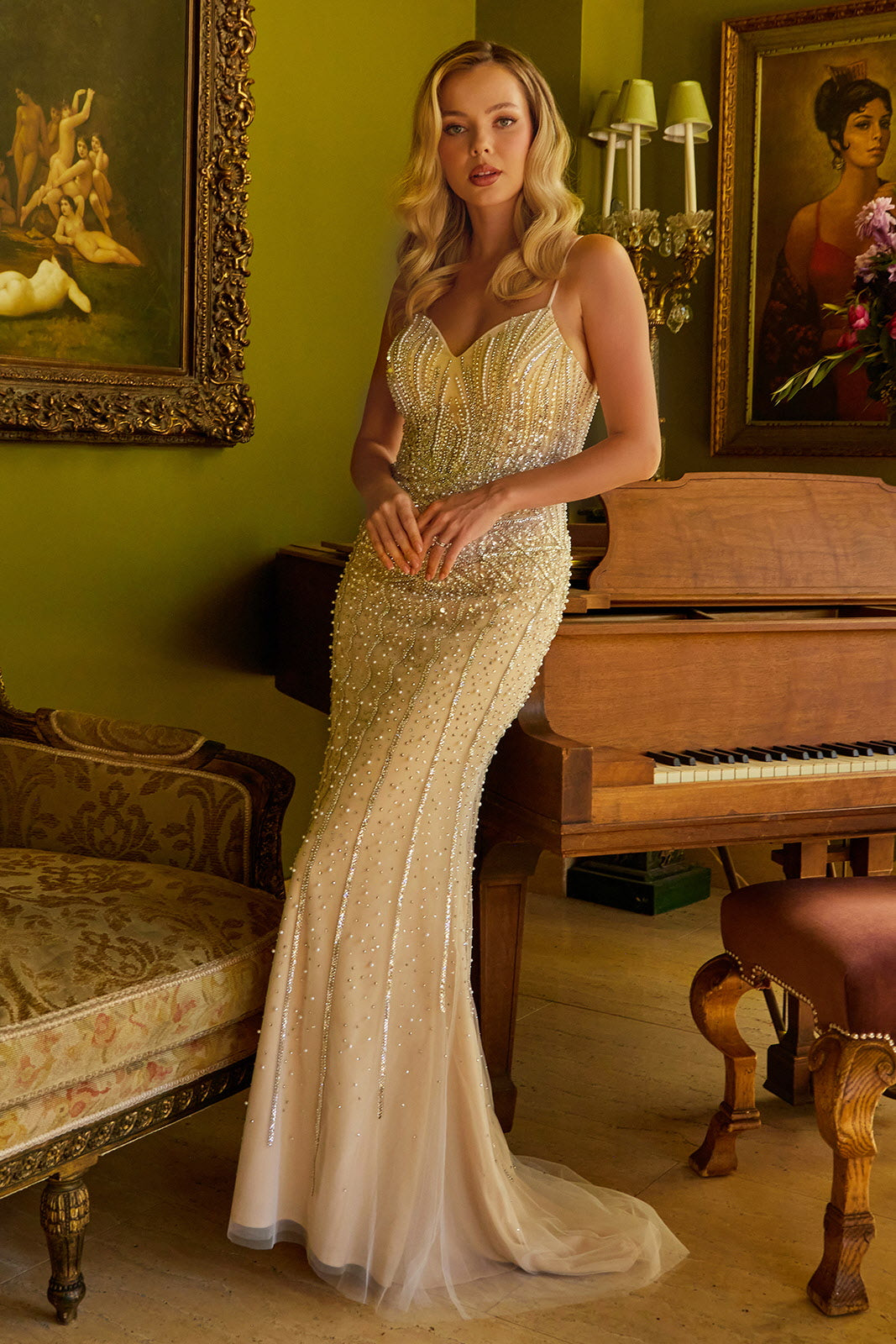 Prom Dresses Long Beaded Sequin Formal Fitted Prom Dress Champagne/Nude