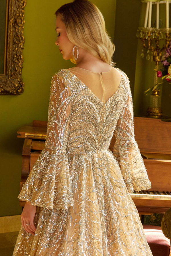 Prom Dresses A Line Long Sleeve Sequin Formal Dress Gold