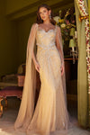 Prom Dresses Prom Long Fitted Formal Beaded Fringe Cape Dress Gold