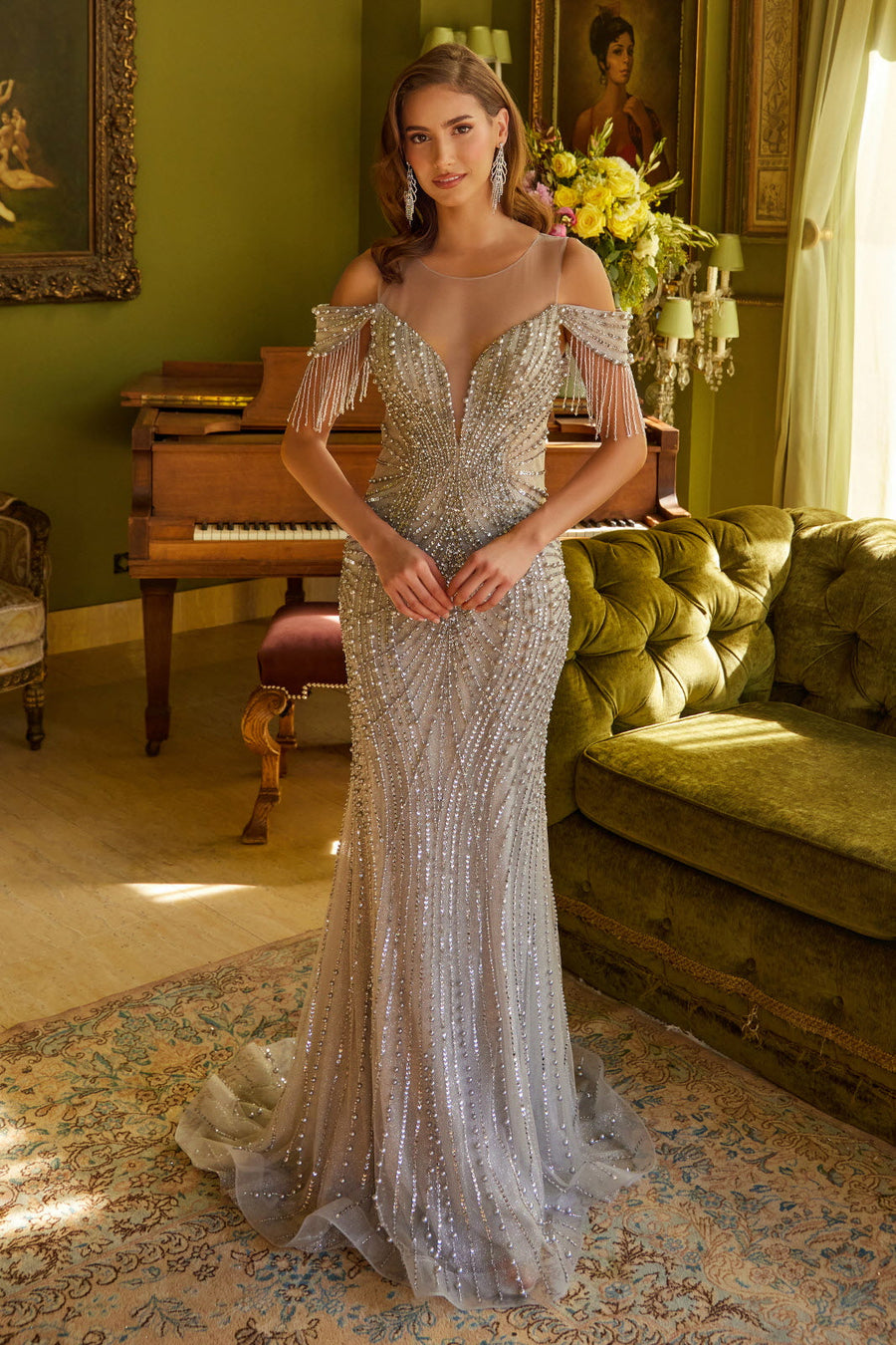 Formal Dresses Fitted Long Formal Beaded Sequin Prom Dress Silver