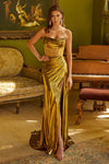Prom Dresses Fitted Long Formal Pleated Corset Metallic Prom Dress Gold